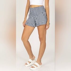 Sincerely Jules Smocked HighWaist Ruffle Hem BlueWhite Plaid Shorts Medium